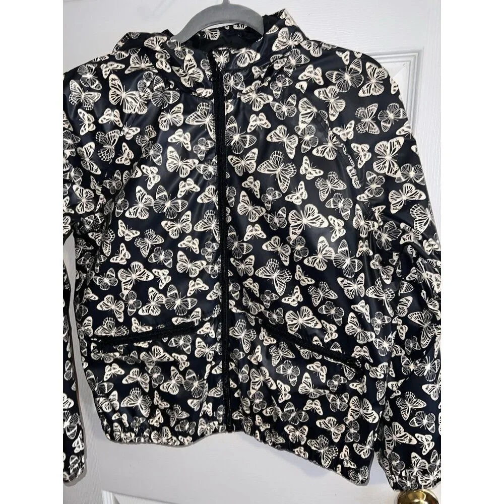 ART CLASS Black Hooded Butterflies Print Rain Jacket Sz 18 Girls Full Zip